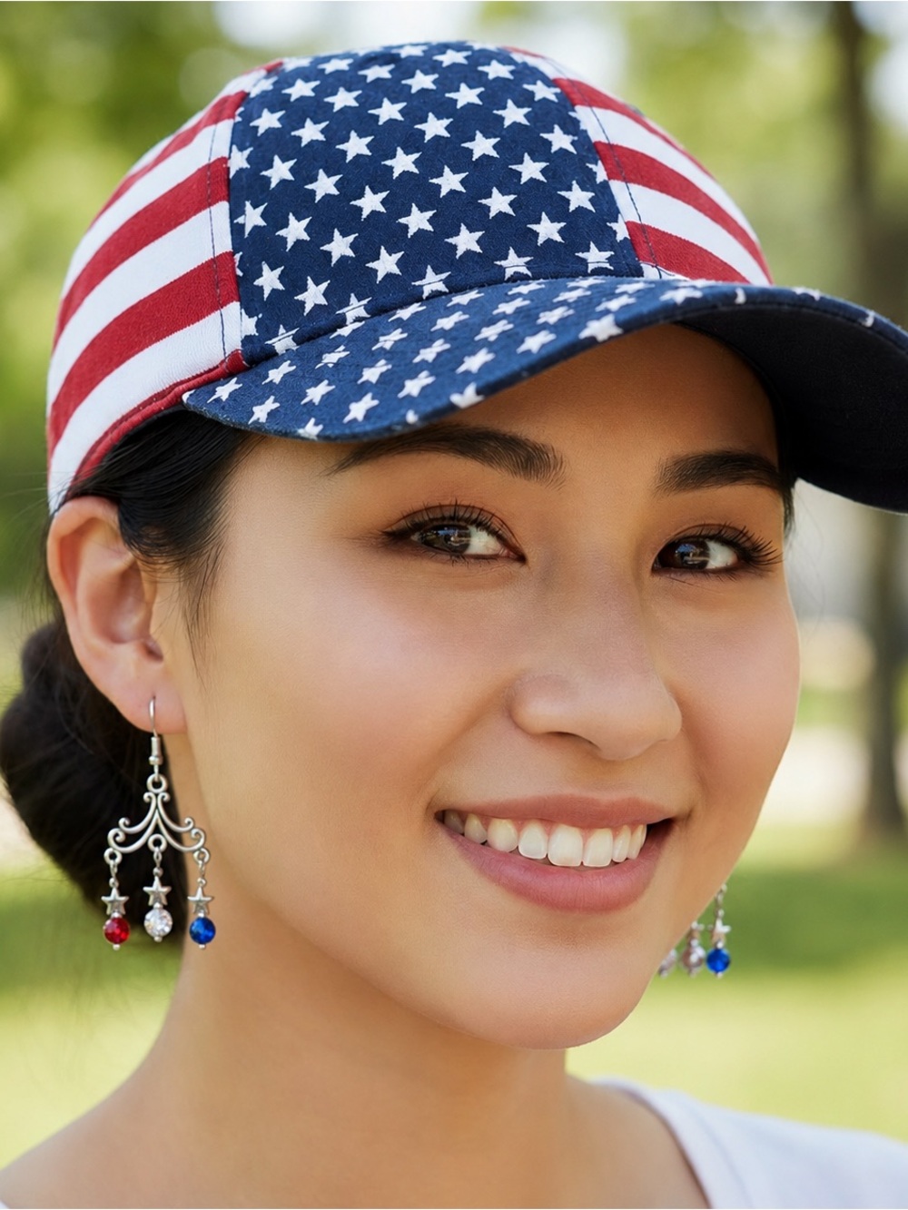 Silver Star Chandelier Earrings with Red, White and Blue Rhinestone Beads